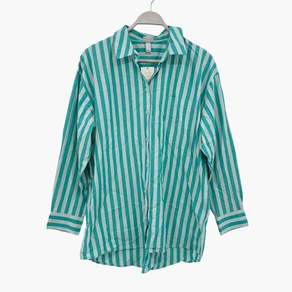 NEW A New Day Womens Long Sleeve Button-Down Shirt - Green Stripe - Size L - Picture 2 of 10